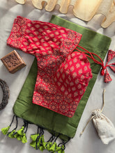 Mehndi Handloom Cotton Saree With Red Ajrakh Print Redy Made Blouse